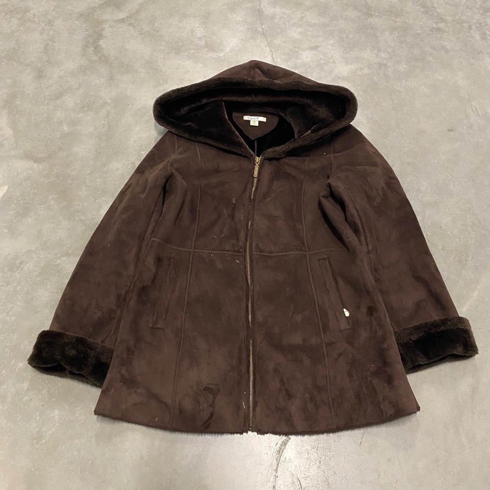 Tulle Brown Faux Suede Hooded Faux Fur Lined Coat Jacket Womens Medium 10-12